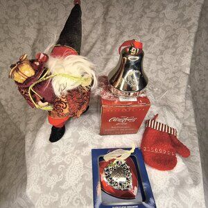 Christmas ornament lot: Santa, ornate silver heart, knitted mitten, silver bell